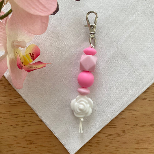Pink - White Silicone Beaded Rose Fidget Keyring/Bag Charm